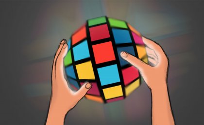 The course develops critical thinking and analysis skills Graphic image - a pair of hands holds a globe